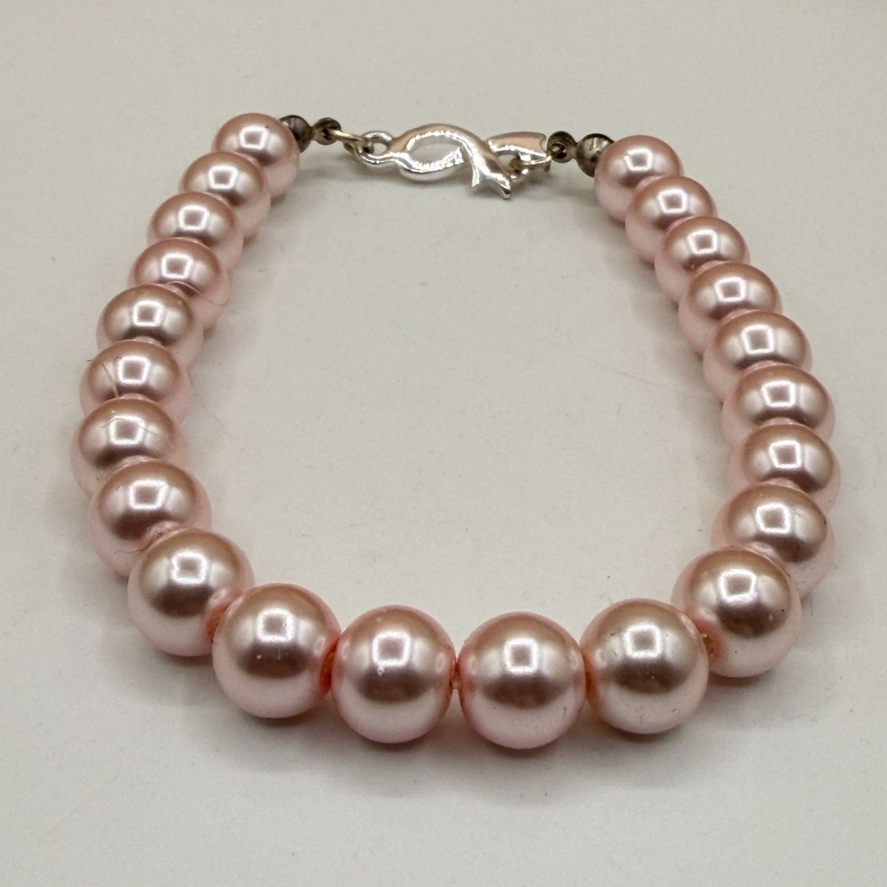 Pink Faux Pearl Beaded Bracelet Silver Tone Ribbon Clasp Coquette Romantic Gift